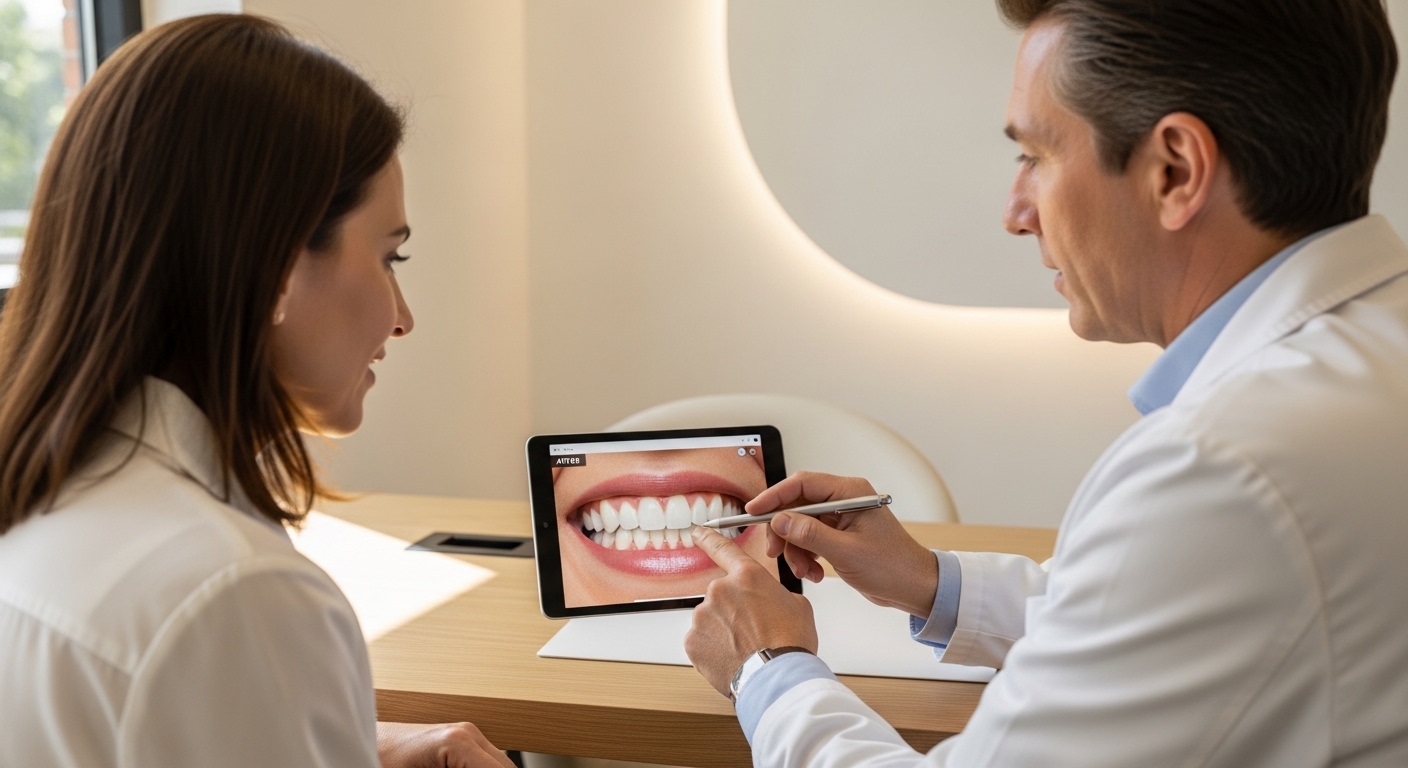 Patient and dentist discussing veneers in a modern dental office