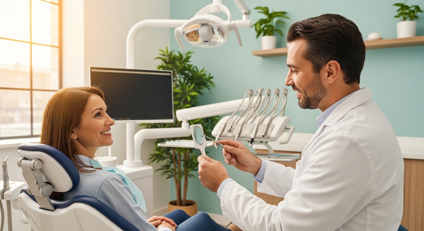 Patient consultation for cosmetic dental work in a modern dental office setting