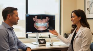 Dental consultation focusing on implant options in a modern clinic setting.