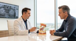Dentist consulting with a patient about dental implants in a modern office