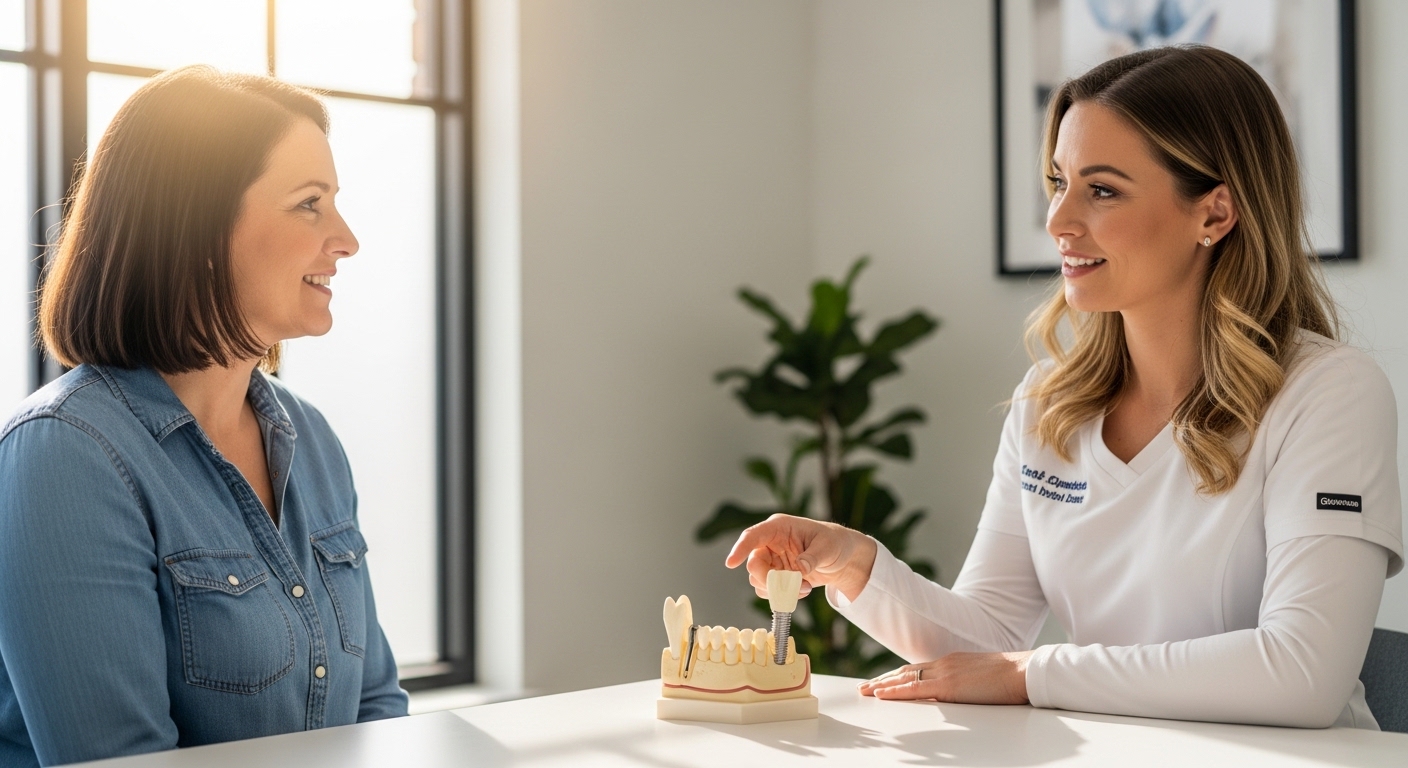 Dentist consulting with a patient about dental implants in a modern office.