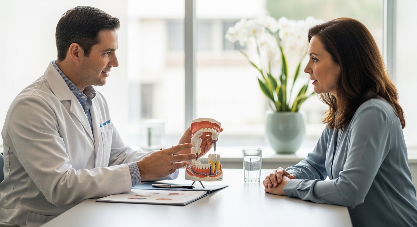 Patient discussing tooth extraction with a dentist in a modern office