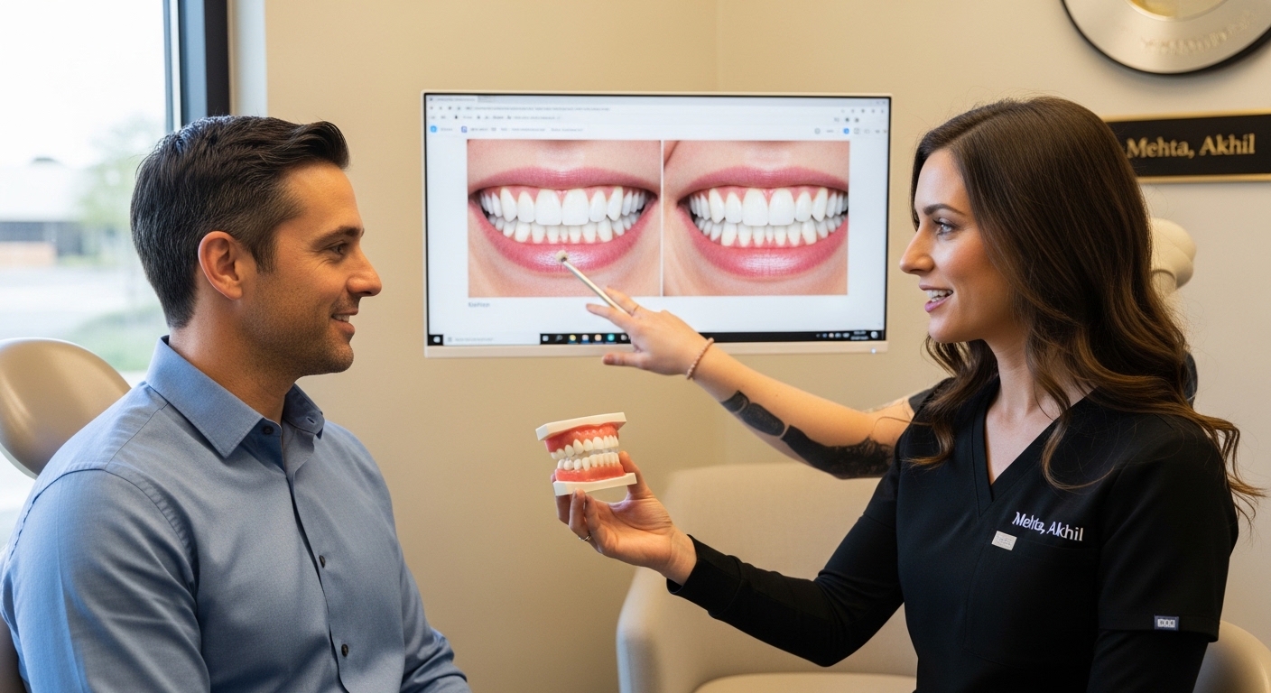 Patient consulting with dentist about veneers in a modern clinic