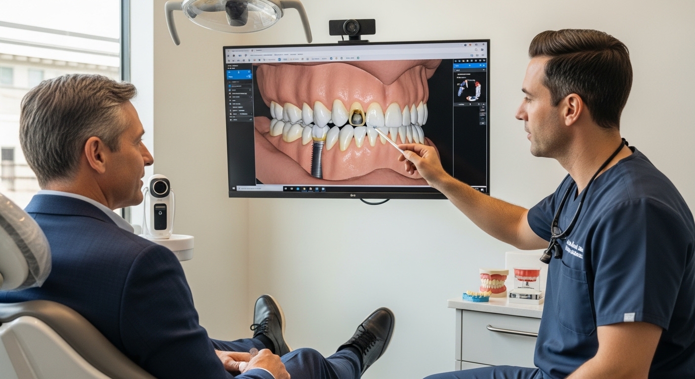 Dentist and patient in consultation at a Phoenix dental practice.