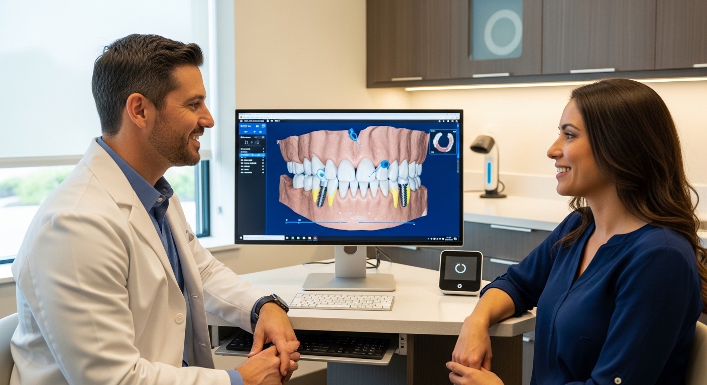 Dentist consulting with patient, discussing dental implant options in a modern Phoenix dental practice.