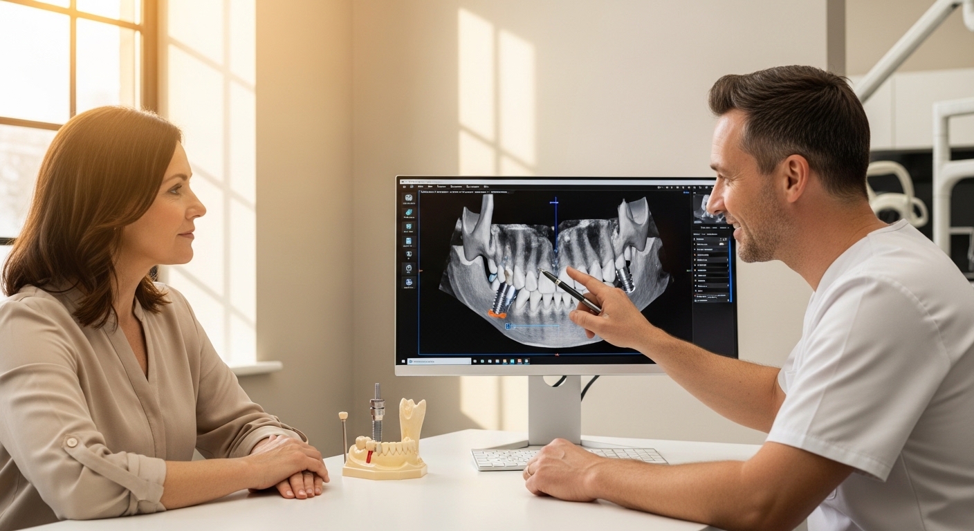 Dentist and patient discussing dental implant treatment plan.