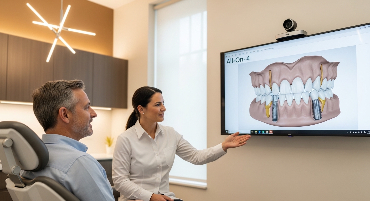 Patient consultation about All-On-4 dentures in a modern dental office.