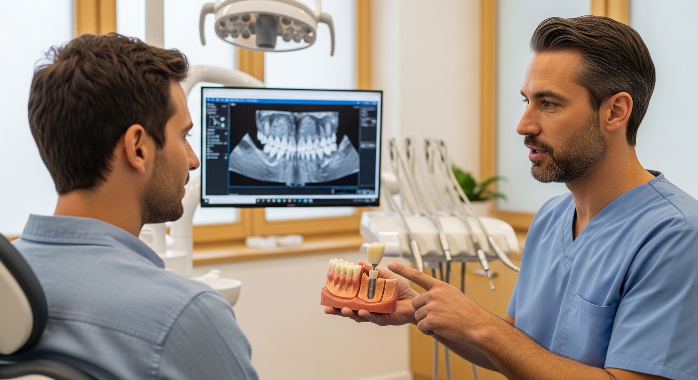 Patient consulting with a dentist about dental implant pain