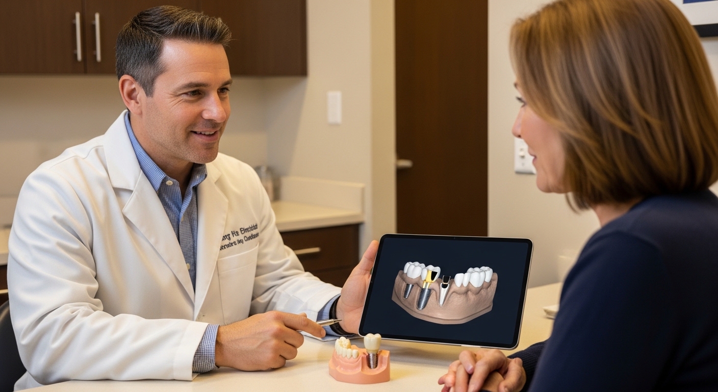 Patient discussing dental implant options with a dentist in a modern Phoenix office
