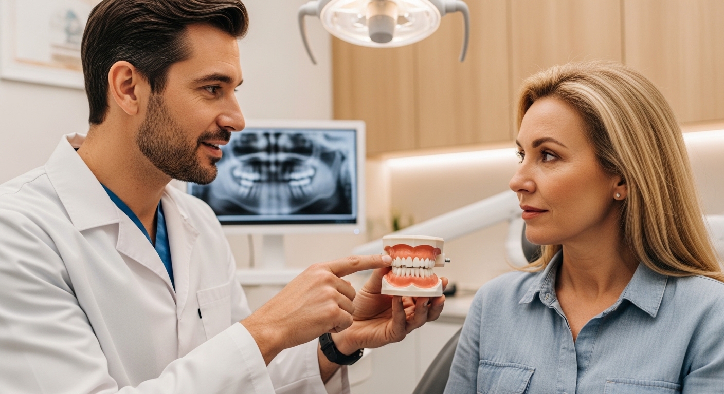 Dentist consulting with patient in modern dental office about wisdom tooth removal.