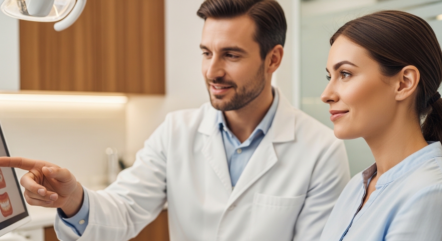 Dentist consulting with a patient about oral health in a modern clinic.