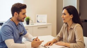 Dentist discussing persistent bad breath with patient