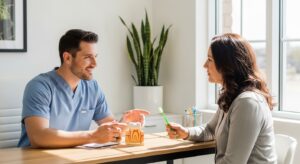A dentist offering oral health tips to a patient in a modern clinic
