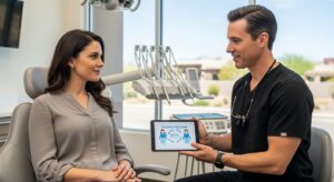 Patient consulting with a dentist in a modern Phoenix dental office