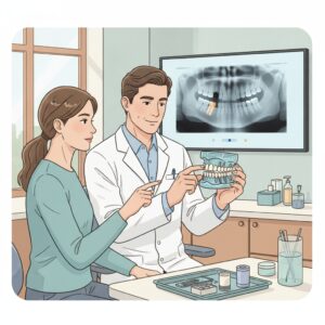 Dentist explaining dental implants using models in a modern clinic.