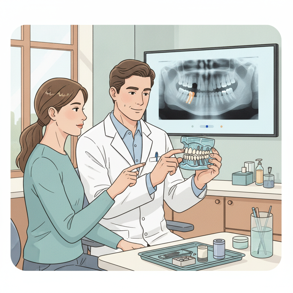 Dentist explaining dental implants using models in a modern clinic.