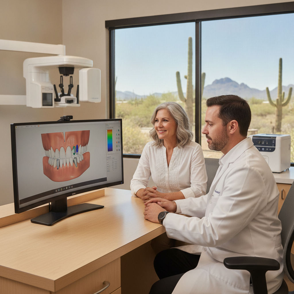 Patient consultation in a modern dental office with advanced implant technology in Phoenix.