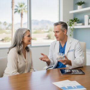 Prosthodontist consulting a patient about dental implants in a modern dental office