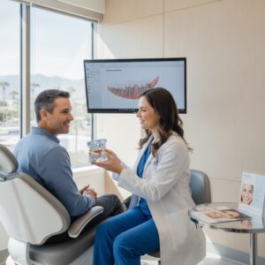 Dentist discussing dental implant solutions with a patient in a modern clinic