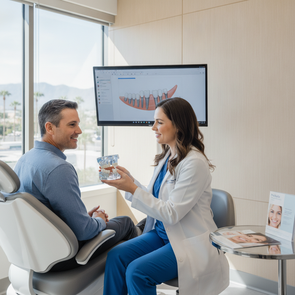 Dentist discussing dental implant solutions with a patient in a modern clinic