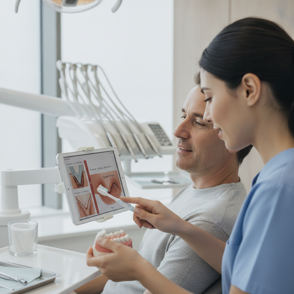 Dentist consulting with a patient about bleeding gums treatment in a clinic.